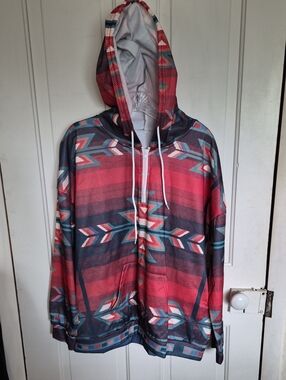 Southwest Print Zip-Up Hoodie in Coral and Teal